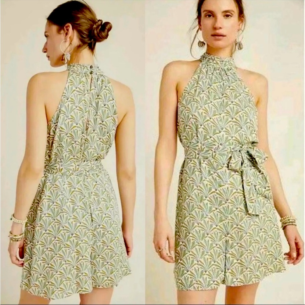 Anthropologie Maddie Halter High Neck Romper NWOT Small Green Palm Leaf Print
